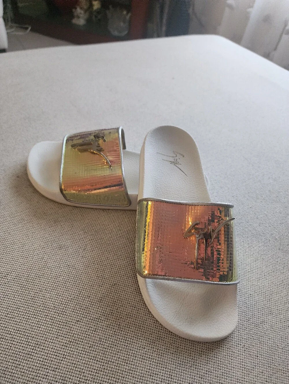 Giuseppe Zanotti Iridescent Gold-Top White Slide Sandals